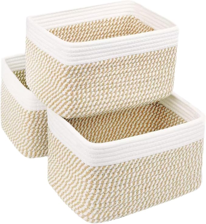R RUNKA Small Cotton Rope Basket – Storage Bin for Organizing (10.6" x 6.7" x 6.7"), Bathroom Storage Basket for Shelf, Count