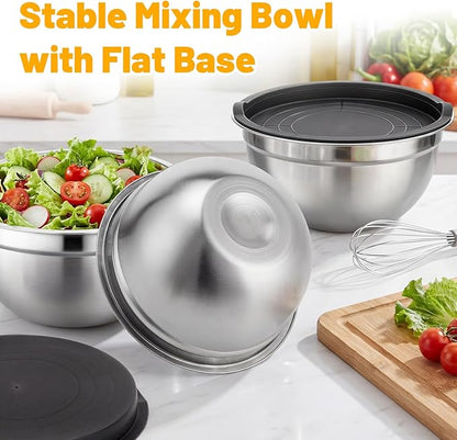 Beasea Stainless Steel Mixing Bowl Set of 3, 2 QT Stackable Metal Mixing Bowls with Lids for Baking, Prepping, Serving, Stainless Nesting Bowl with Black Lids for Kitchen, Salad, Dough