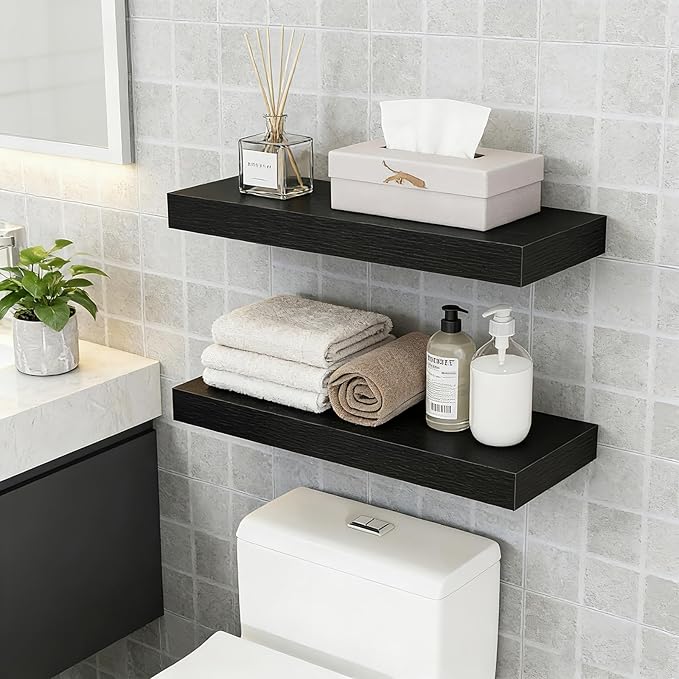 23.6 inch Black Floating Shelves Set of 2, Solid Wood Wall Mounted Shelves, Heavy Duty Display Storage Shelves for Bedroom, L