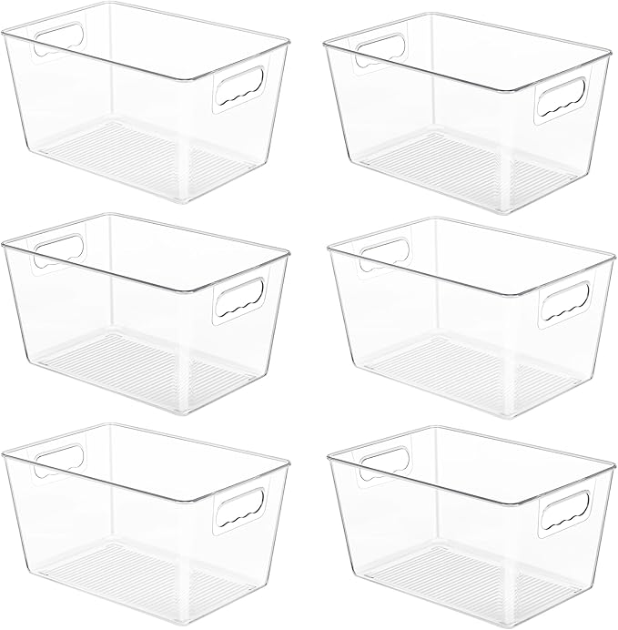 YIHONG 6 Pack Clear Pantry Organizer Bins, Plastic Containers with Handle for Kitchen,Freezer,Cabinet,Closet,Bathroom Under S