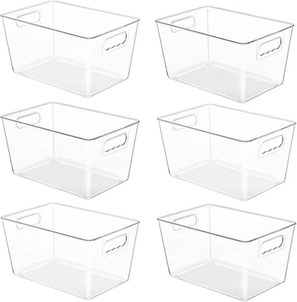 YIHONG 6 Pack Clear Pantry Organizer Bins, Plastic Containers with Handle for Kitchen,Freezer,Cabinet,Closet,Bathroom Under S