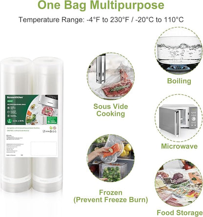 Bonsenkitchen Vacuum Sealer Bags, 11" x 20' Rolls 2 Pack for Food Storage Saver, Bpa Free, Heavy Duty, Commercial Grade Textu