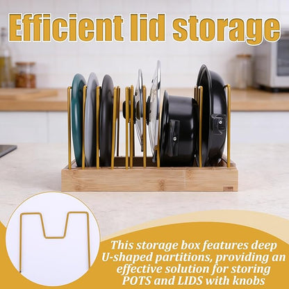 Bamboo Pot Lid Organizer Pot Lid Holder, Pot and Pan Organizer Drawer Organizer for Pot Lids, Pans, Cutting Boards & Baking Sheets, Dinner Plates, Reusable Containers in Cabinet Storage