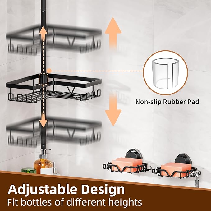 KEGII Shower Caddy Corner Tension Pole with 2 Suction Cup Soap Dishes, Rustproof 4-Tier Adjustable Bathroom Organizer, No-Dri
