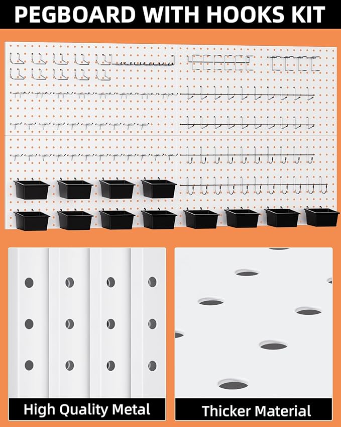 INCLY 158PCS Metal Pegboard Wall Organizer, 48x24 Inch White Pegboard Panels Tool Organizer Kit with Accessories Hooks and Bi