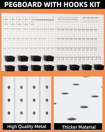 INCLY 158PCS Metal Pegboard Wall Organizer, 48x24 Inch White Pegboard Panels Tool Organizer Kit with Accessories Hooks and Bi