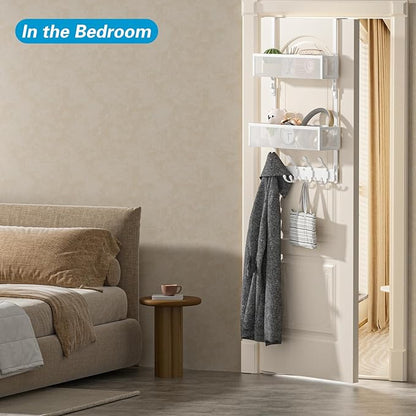 Over The Door Hooks Organizer, Door Hanger Towel Rack with 2 Baskets, Adjustable Over The Door Coat Rack, Back of Door Storag