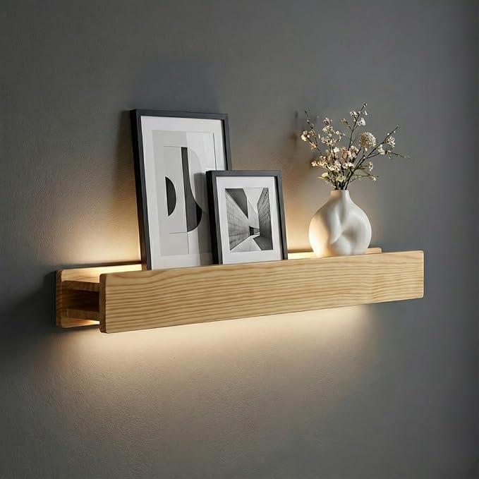 24" Natural Wood LED Floating Shelf, Heavy Duty Solid Pine Decorative Wall Mounted Shelf with Soft Ambient Lights, Minimalist