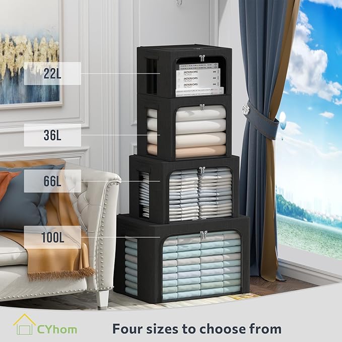 CYhom Clothes Storage Bins Box - Linen Fabric Foldable Stackable Container Organizer Set with Clear Window & Carry Handles & 