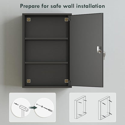 kleankin Steel Wall Mount Medicine Cabinet 3 Tier Emergency Box for Bathroom Kitchen, Lockable with 2 Keys, Black