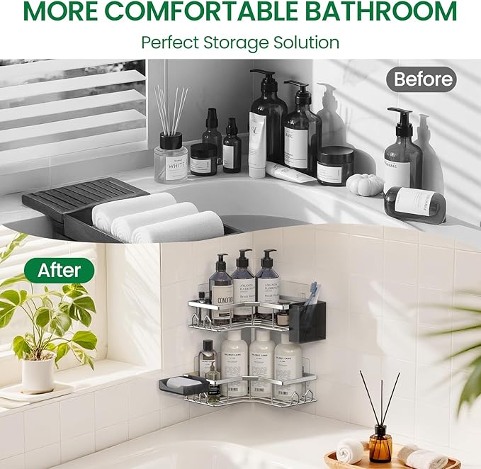 Adhesive Shower Caddy, 4 Pack Corner Bath Organizer, Rustproof Stainless Steel Shower Shelves with Large Capacity, No Drillin