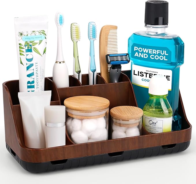 GFWARE Wood Toothbrush Holders for Bathrooms Countertop Organizer - Detachable 7 Slots Kid Bathroom Decor and Accessories, Wo