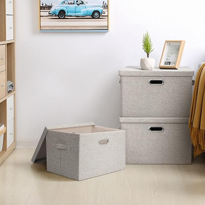 Graciadeco Large 17 36 Quart Collapsible Stackable Storage Bins with Lids, 1 Pack Beige Foldable Fabric Closet Storage Boxes 