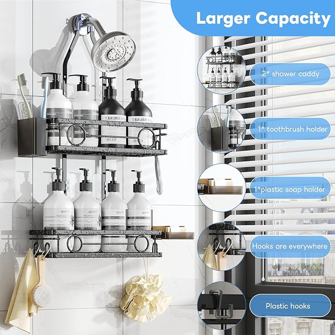 Adjustable Shower Caddy Hanging Rustproof Large-Capacity Bathroom Organizer Shower Racks with Hooks for Razor Bathroom Organi