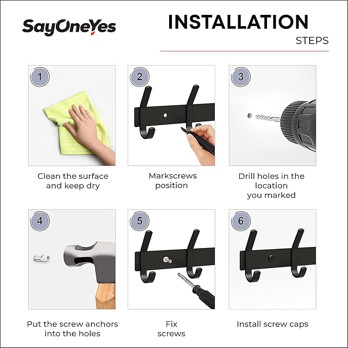 Matte Black Coat Rack Wall Mount – 15 Inch Stainless Steel Hook Rail with 5 Double Coat Hooks – Wall Mounted Entryway Organiz