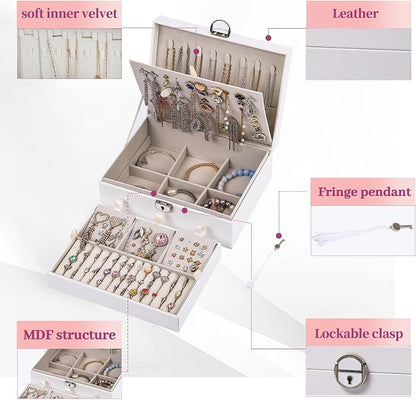 BOOVO Earring Jewelry Box For Women Girl Stud Organizer, 4 Layers Girl Jewelry Organizer Box With Lock Earring Holder Organiz