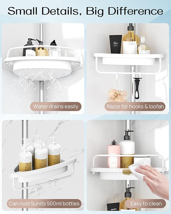 ALLZONE Rustproof Shower Caddy Corner for Bathroom, Tension Corner Shower Caddy Tension Pole, Solid Shower Organizer with 4 A