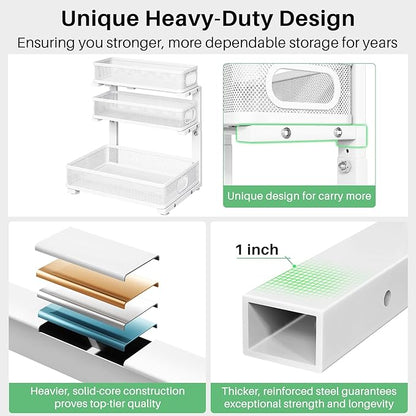 Kitstorack Under Sink Organizer, 2-Pack 3-Tier Height Adjustable Thickened Metal Pull out Cabinet Organizer Shelf, Slide out 