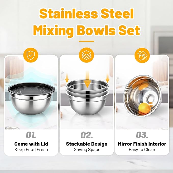 Beasea Stainless Steel Mixing Bowl Set of 3, 2 QT Stackable Metal Mixing Bowls with Lids for Baking, Prepping, Serving, Stainless Nesting Bowl with Black Lids for Kitchen, Salad, Dough