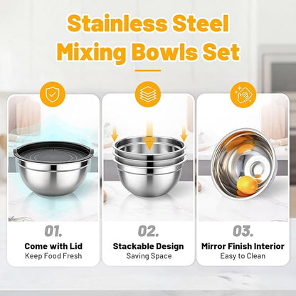 Beasea Stainless Steel Mixing Bowl Set of 3, 2 QT Stackable Metal Mixing Bowls with Lids for Baking, Prepping, Serving, Stainless Nesting Bowl with Black Lids for Kitchen, Salad, Dough