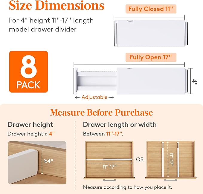 Lifewit 5" Tall 5 Pack Deep Drawer Divider, 11.5-18.5" Expandable Drawer Divider for Clothes with 8 Pack Drawer Dividers 4" H