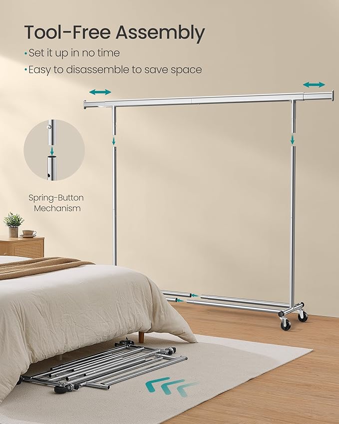 SONGMICS Cabideiro com Rodas, Suporte Resistente para Roupas, Arara Portátil com Barra Extensível, Capacidade de Carga 150 kg
