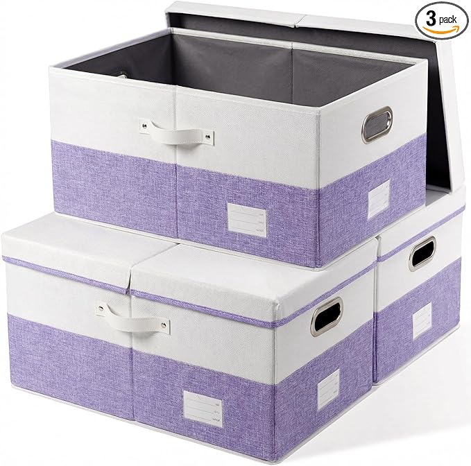 PRANDOM Storage Bins with Lids [3-Pack] Linen Fabric Foldable Storage Boxes Organizer Containers Baskets Cube with Cover for 