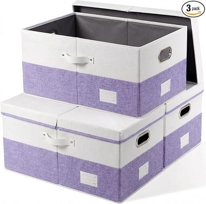 PRANDOM Storage Bins with Lids [3-Pack] Linen Fabric Foldable Storage Boxes Organizer Containers Baskets Cube with Cover for 