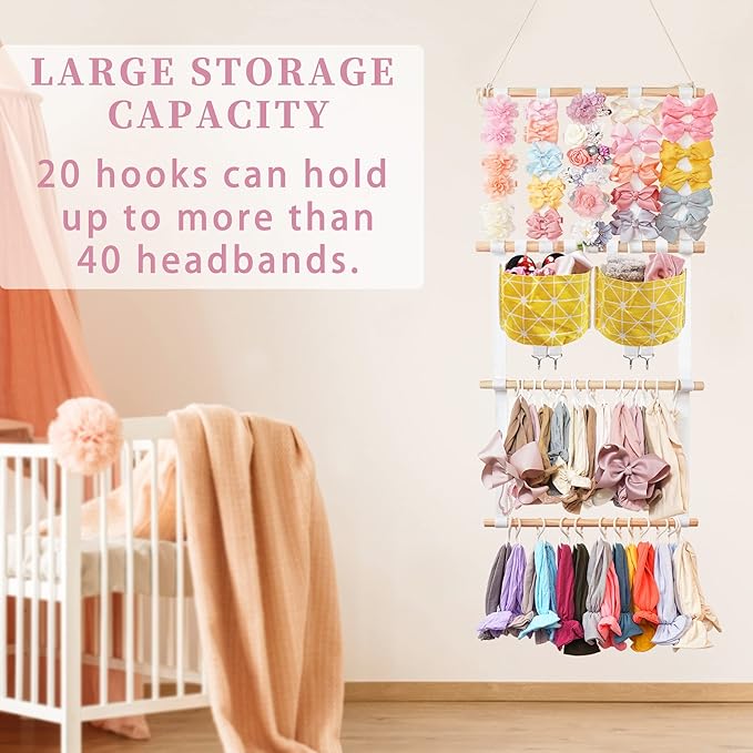 kangaroo Hairband Organizer for Baby Girls, Large Capacity Bow Holder Hair Accessories Wall Hanging Organizer with 20 S-hooks