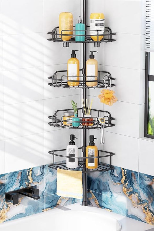 HAMITOR Shower Caddy Tension Pole: 4-Tier Rustproof Bathroom Corner Shelf Organizer for Renters - No Drill Large Shampoo Stor