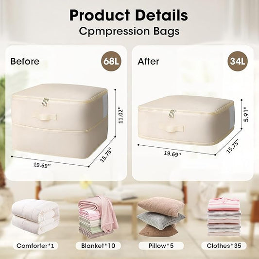 4 Pack Comforter Storage Bag, 68L Blanket Storage Bags Self Compression Comforter Organizer and Storages, Space Saving Washab