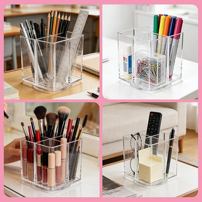 Acrylic Makeup Brush Holder, Clear Rotating Makeup Brush Holder Organizer with 4 Slots, Square Makeup Brush Cup for Vanity De