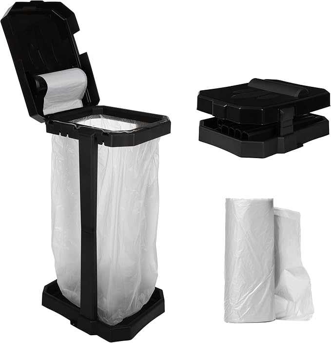 Wakeman Heavy Duty Black Trash Bag Portable Trash Bag Holder Stand with 7 Bags - Collapsible Trash Can Camping, RV, Kitchen, or Tailgate Party Garbage Bag Holder