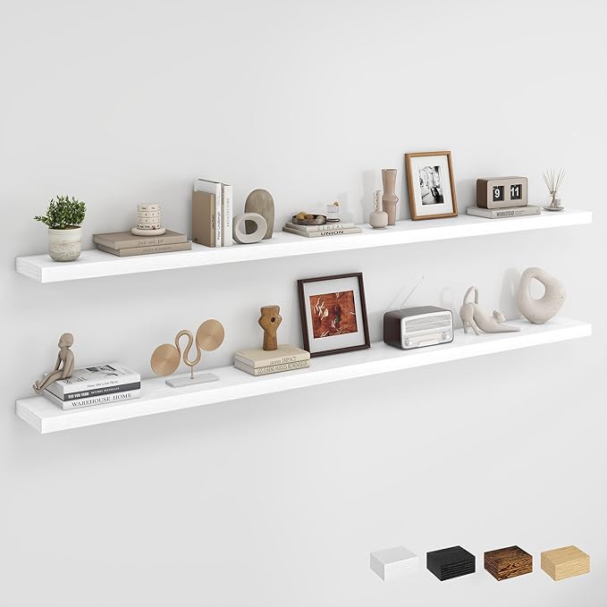 Dreamland 72Inch Floating Shelves for Wall, Rustic Wooden White Floating Shelves for Living Room, Kitchen, Farmhouse, Deep Wa