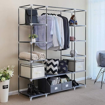 Karlhome 5-Tier Canvas Wardrobe, Portable Fabric Wardrobe with Shelves and Cover for Hanging Clothes, Clothes Rail with Cover