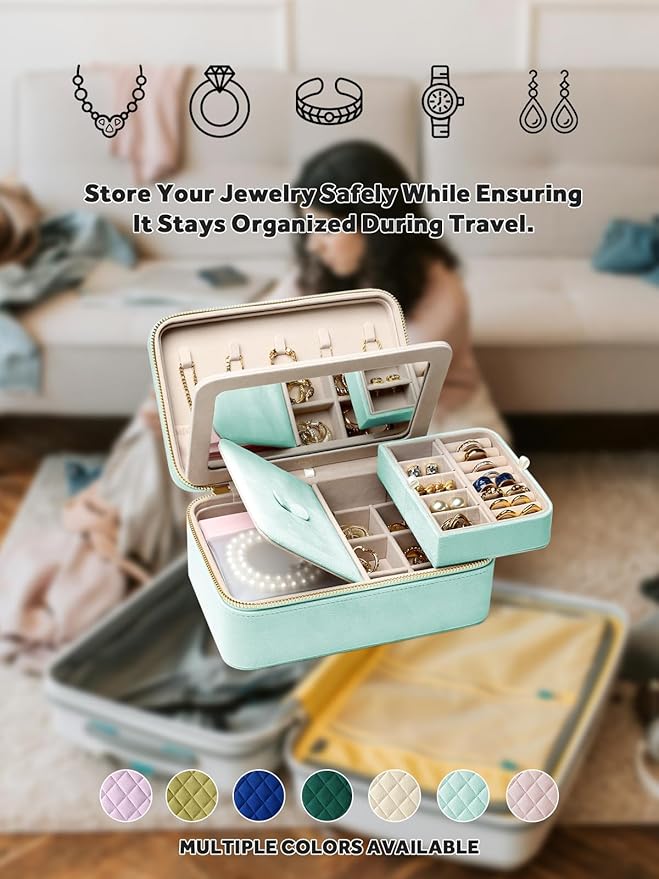 Velvet Travel Jewelry Box with Large Mirror, Double-Layer Jewelry Organizer Case for Women and Girls, Portable Storage Case w