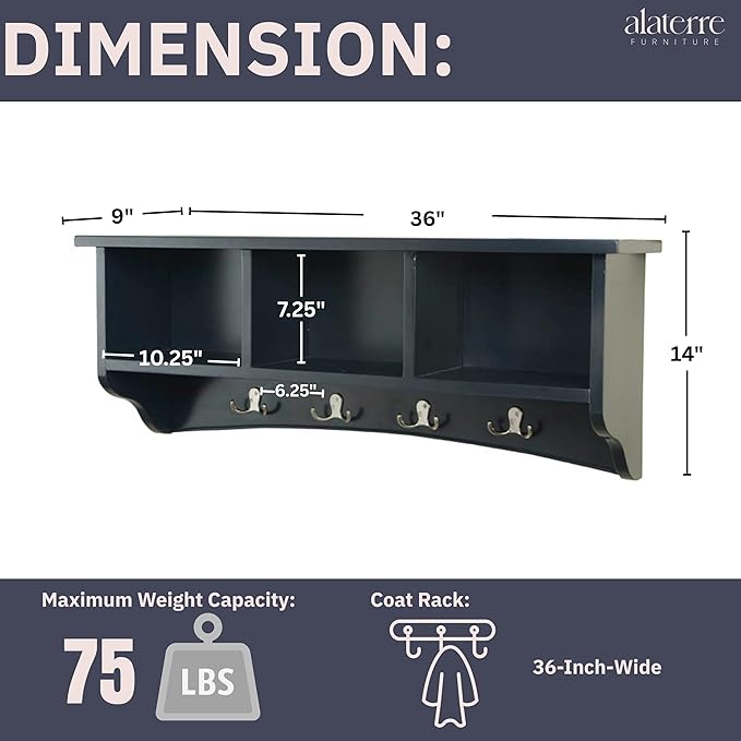 Shaker Cottage Wall-Mounted Coat Rack with 3 Storage Cubbies and 4 Coat Hooks – 36" W x 9" D x 14" H Space-Saving Entryway Or