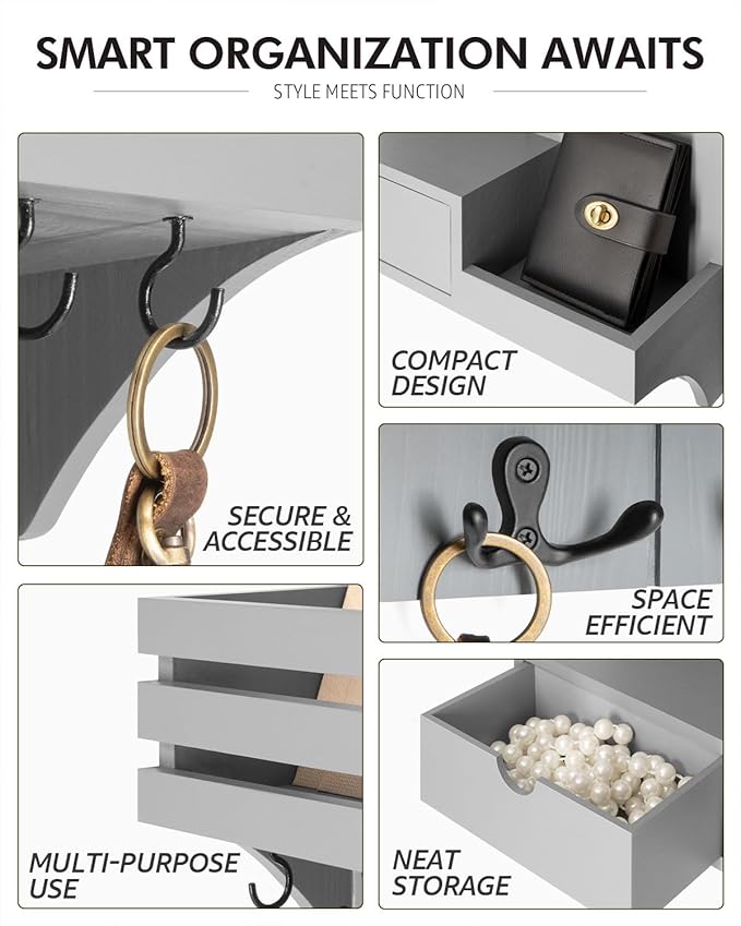 Rebee Vision Decorative Key Holder Wall Mount with Small Drawer Organizer - Modern Mail Organizer with 9 Key Hooks and Wall S