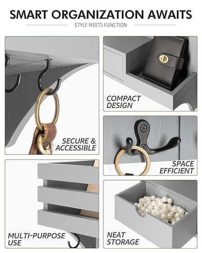 Rebee Vision Decorative Key Holder Wall Mount with Small Drawer Organizer - Modern Mail Organizer with 9 Key Hooks and Wall S