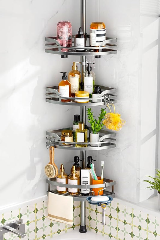 HAMITOR Shower Caddy Tension Pole：4-Tier Rustproof Bathroom Corner Shelf for Renters - 47-121inches Adjustable Bathtub Organi