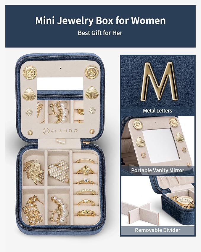 Vlando Mother in Law Mothers Day Gift, Initial M Travel Jewelry Case, Small Jewelry Travel Case, Mini Jewelry Case, Birthday 