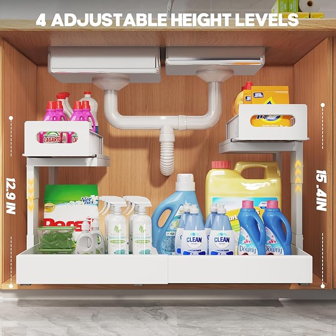 1 Pack Expandable Under Sink Organizers And Storage With Upgrade Ball-Bearing Slide Tracks,2-Tier Pull Out Under Cabinet Orga