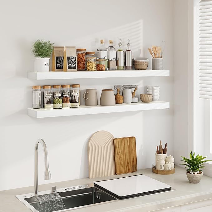Fun Memories Floating Shelves for Wall, 48Inch Floating Shelves Set of 2, Hanging Shelf with Invisible Brackets, Wood Shelves