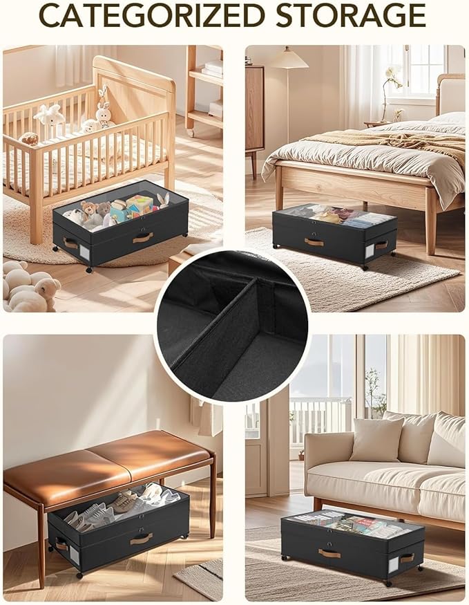 Under Bed Storage with Wheels, 72L XXL Under the Bed Storage Containers Large, 10‘’ Tall Adjustable Storage for Underbed with