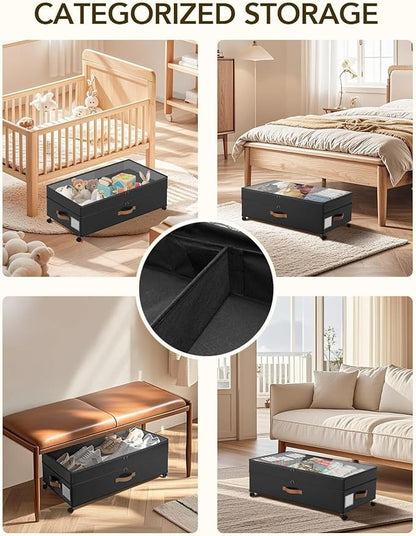 Under Bed Storage with Wheels, 72L XXL Under the Bed Storage Containers Large, 10‘’ Tall Adjustable Storage for Underbed with