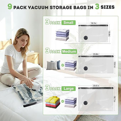 Mapambo Vacuum Storage Bags with -60000Pa USB Pump, 9 Pack Vacuum Seal Bags for Clothing Travel in 3 Sizes, Travel Vacuum Bag