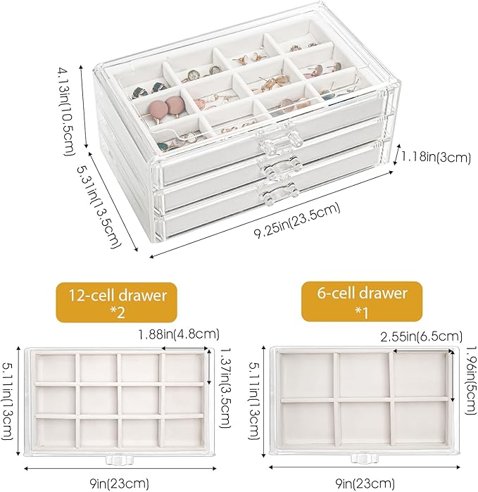 ProCase Earring Holder Organizer Jewelry Box with 3 Drawers, Acrylic Clear Earring Case with Adjustable Velvet Trays for Wome