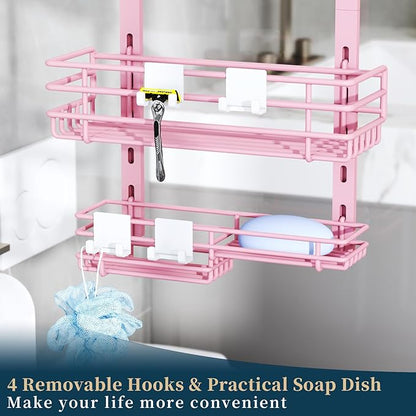 Consumest Over The Door Shower Caddy - 5 Tier Adjustable Shower Organizer Hanging with 2 Toothbrush Holders & 4 Hooks, Rustpr