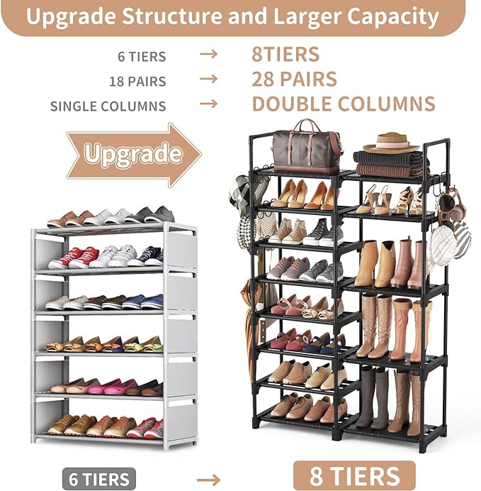 ROJASOP Shoe Rack Organizer, 8-Tier Metal Shoe Rack for Closet Entryway Garage, 26-32 Pairs Tall Shoe Boot Storage Shelf with