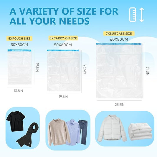 Compression Bags for Travel - Travel Essentials - 20 Pack Space Saver Bags - No Vacuum Needed - Compression Packing Bags for 